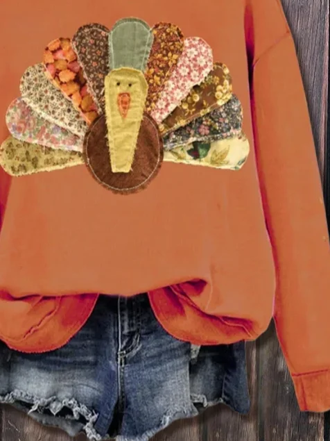 Women Turkey Crew Neck Printing Casual Spring/Fall Long Sleeve Sweatshirt