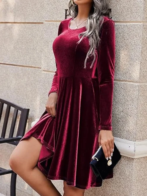 Women Plain Short Sleeve Summer Split Joint Dress Crew Neck Party Vintage Midi Party Dress A-Line Dress