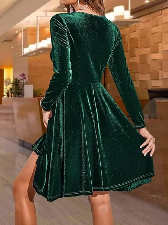 Women Plain Short Sleeve Summer Split Joint Dress Crew Neck Party Vintage Midi Party Dress A-Line Dress