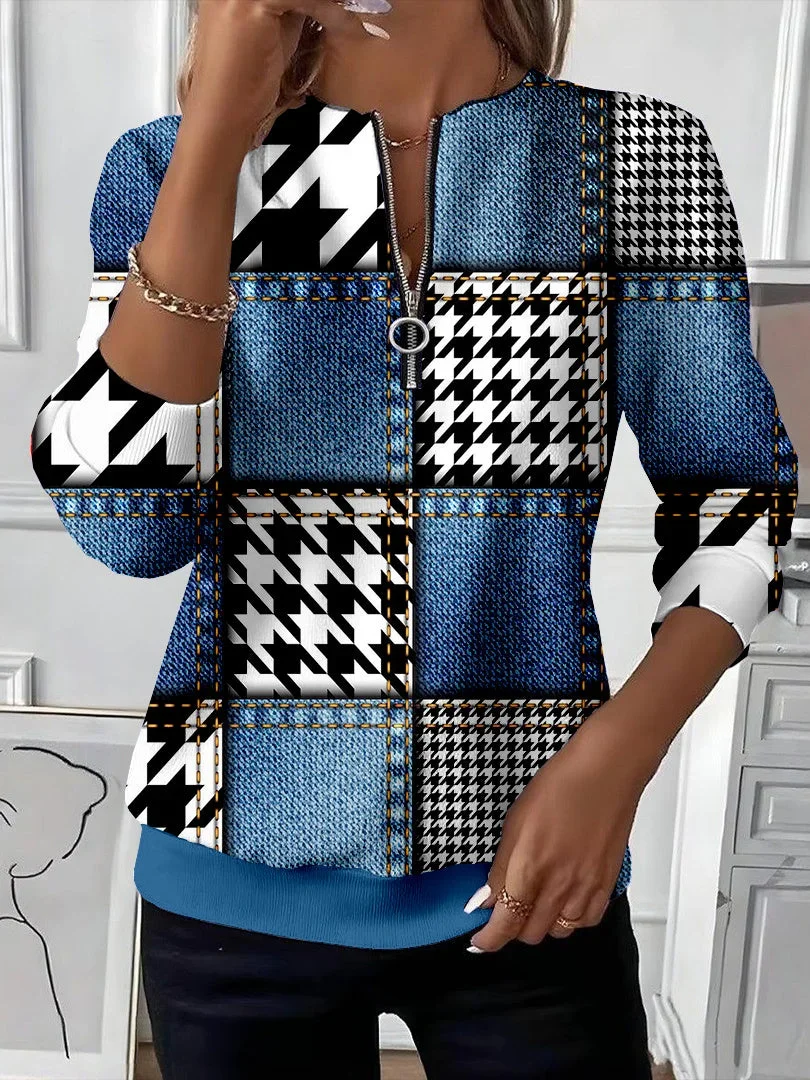 Women Houndstooth Crew Neck Printing Casual Spring/Fall Long Sleeve Sweatshirt