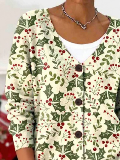 Women Floral Long Sleeve V Neck Casual Spring/Fall Cardigan Outerwear