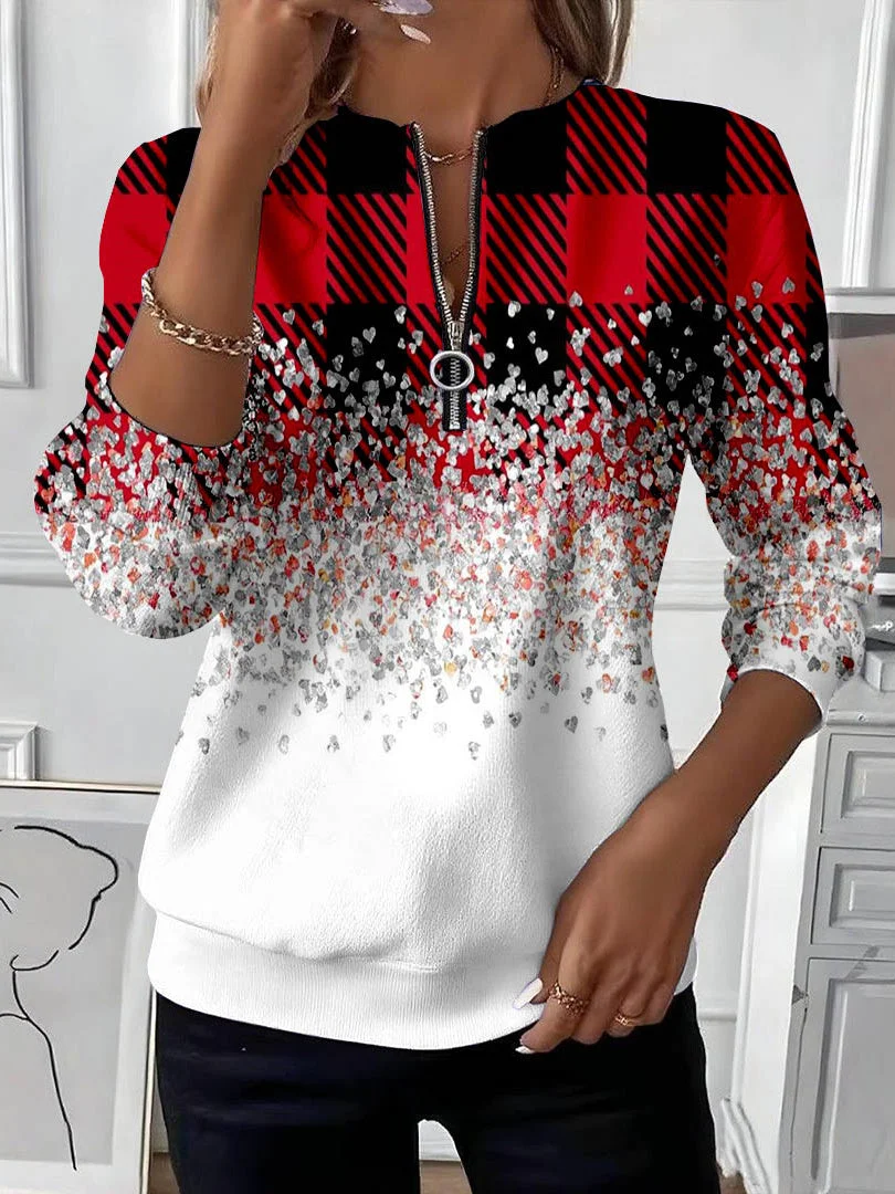 Women Plaid Crew Neck Printing Casual Spring/Fall Long Sleeve Sweatshirt