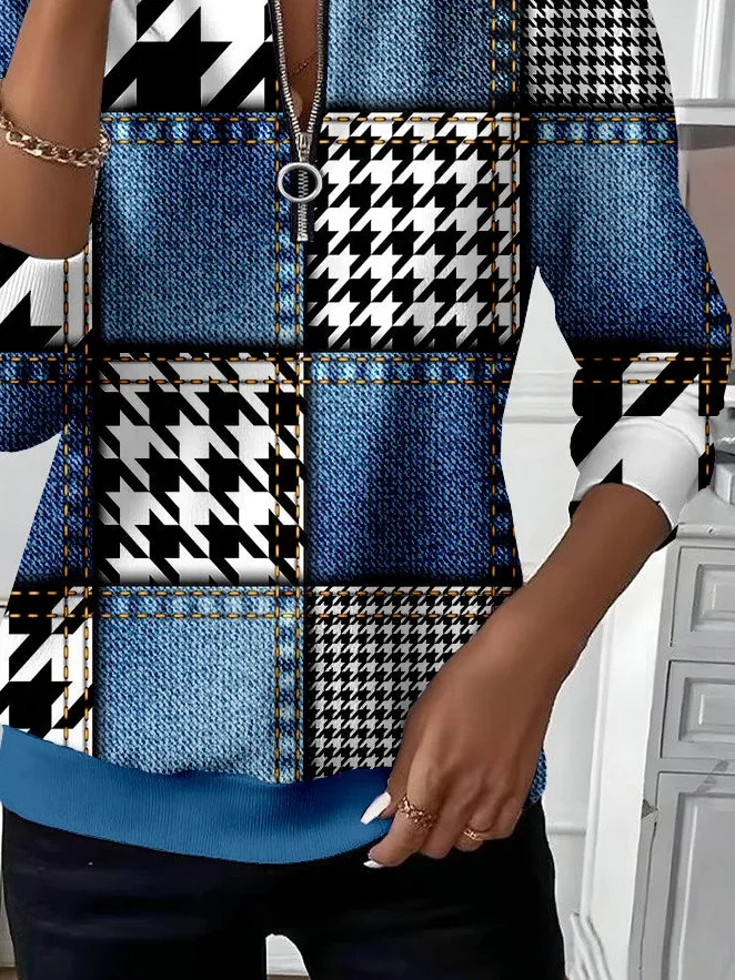 Women Houndstooth Crew Neck Printing Casual Spring/Fall Long Sleeve Sweatshirt