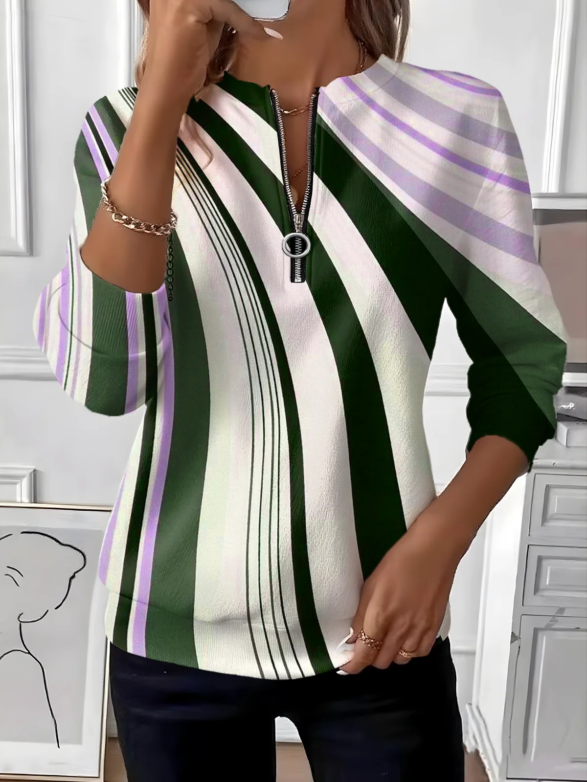 Women Striped Crew Neck Vintage Spring/Fall Long Sleeve Sweatshirt