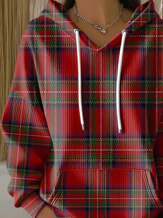 Women Plaid Spring/Fall Printing Long Sleeve Casual Holiday Hoodie