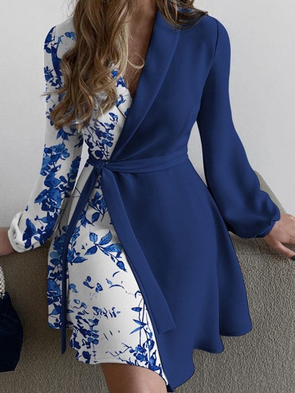 Women Floral Long Sleeve Spring/Fall Printing Dress V Neck Daily Vintage Mini Hip Skirt A-Line Dress