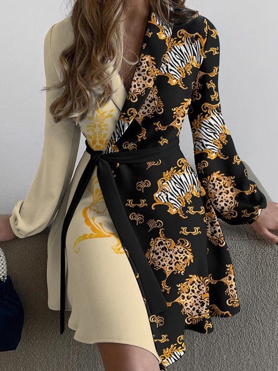 Women Floral Long Sleeve Spring/Fall Printing Dress V Neck Daily Vintage Mini Hip Skirt A-Line Dress