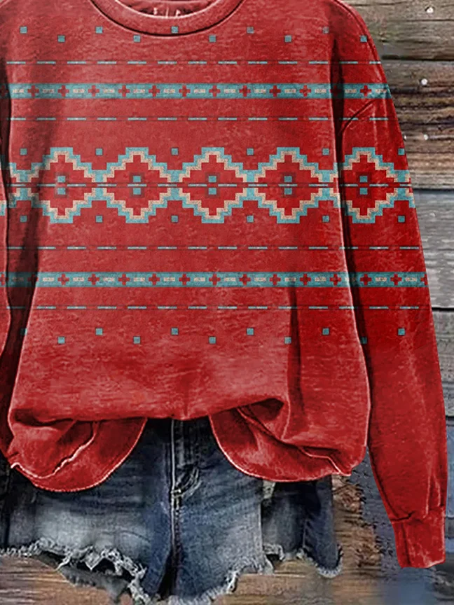 Women Geometric Crew Neck Printing Casual Spring/Fall Long Sleeve Sweatshirt