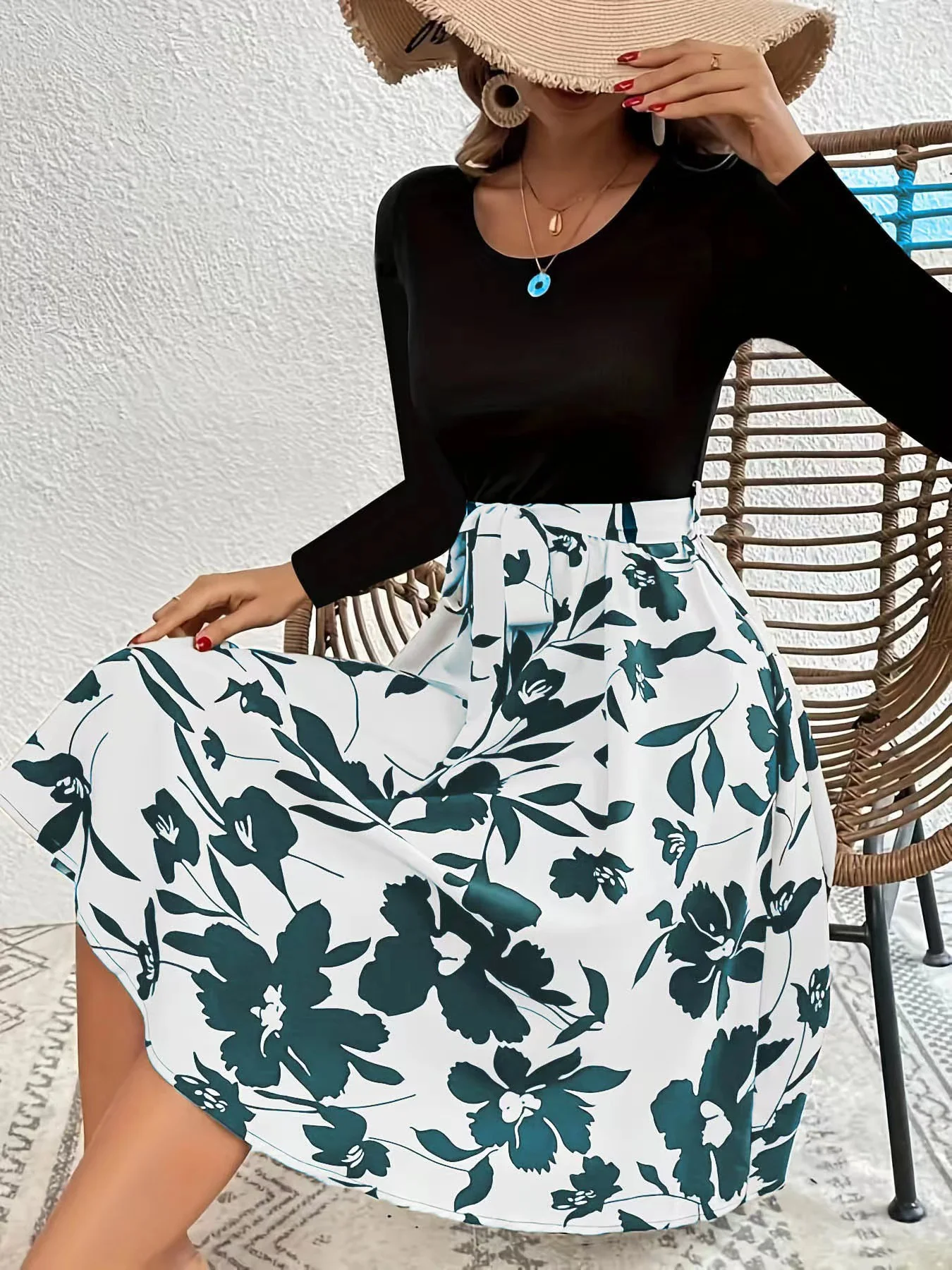 Women Floral Long Sleeve Spring/Fall Printing Dress Crew Neck Daily Vintage Mini Tank A-Line Dress
