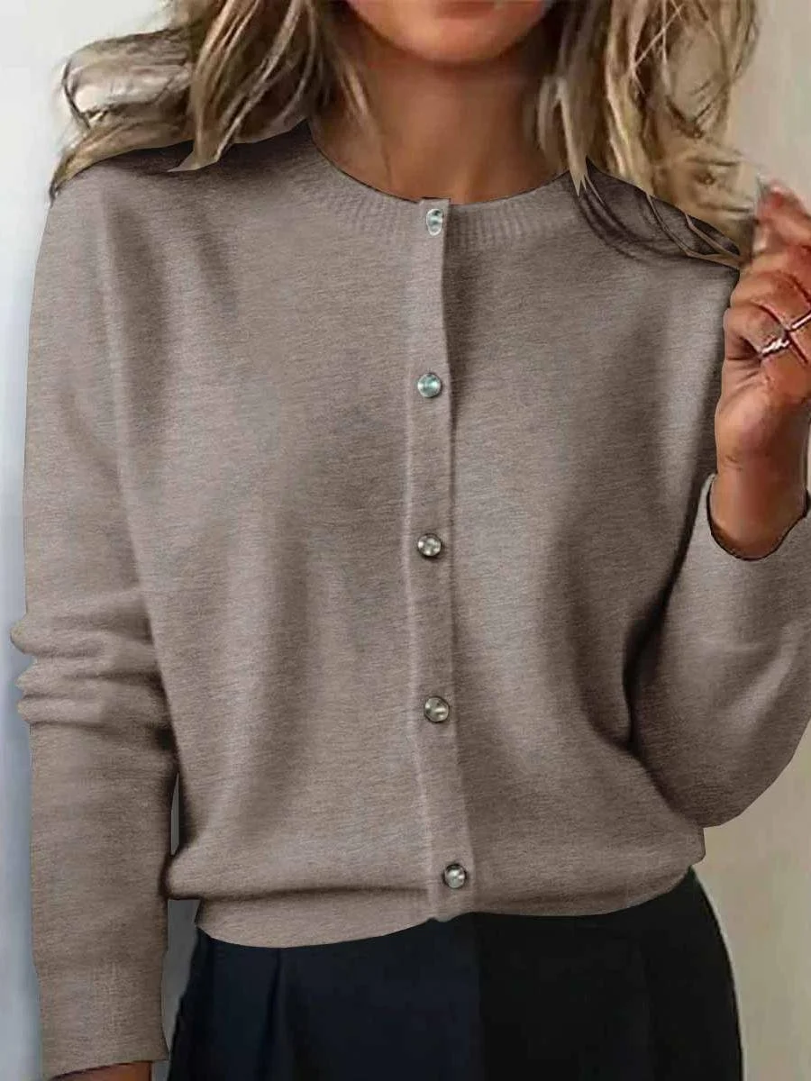 Women Plain Long Sleeve Crew Neck Vintage Winter Cardigan Outerwear