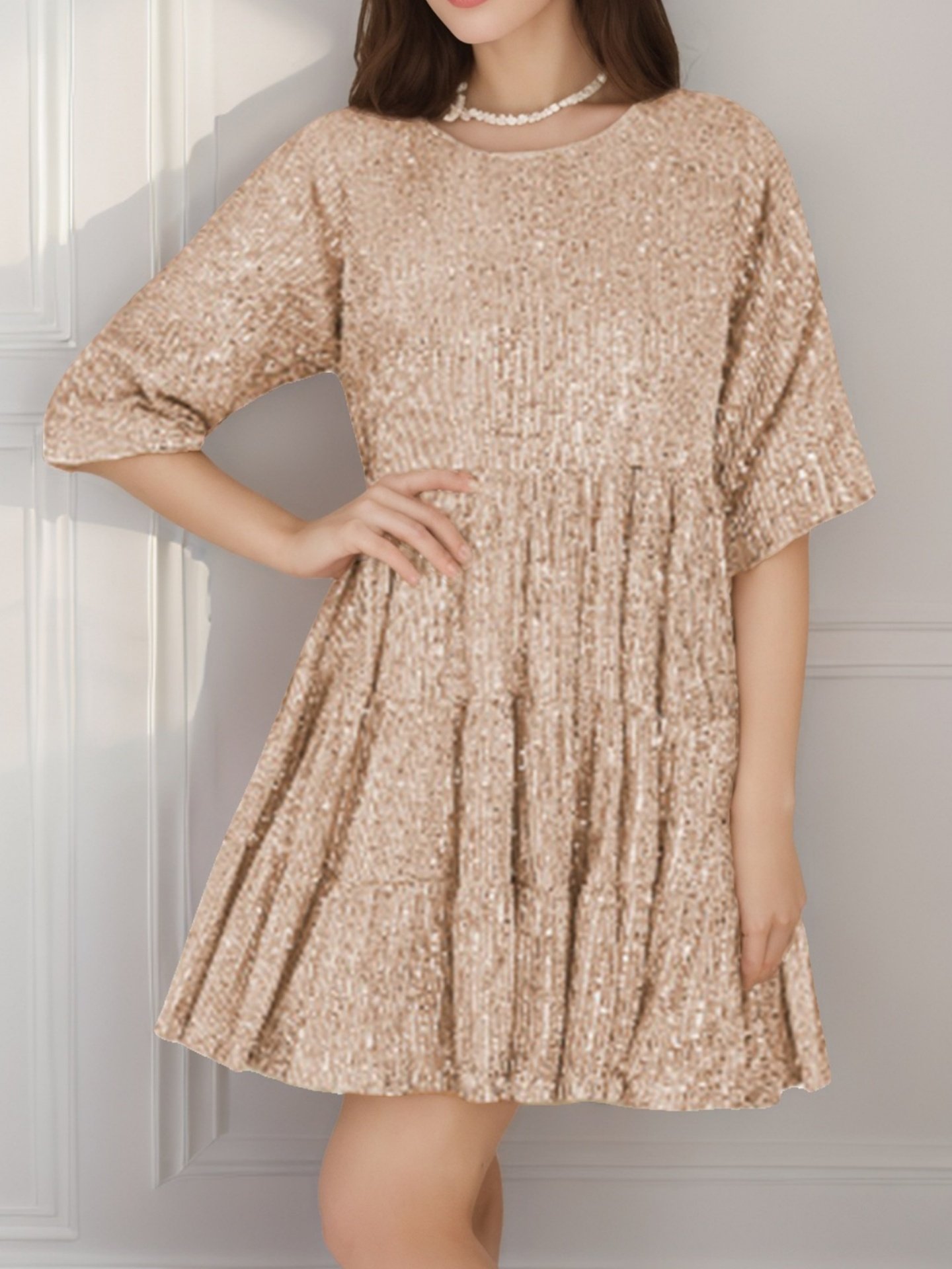 Women Plain Half Sleeve Summer Split Joint Dress Crew Neck Daily Vintage Mini Tank A-Line Dress