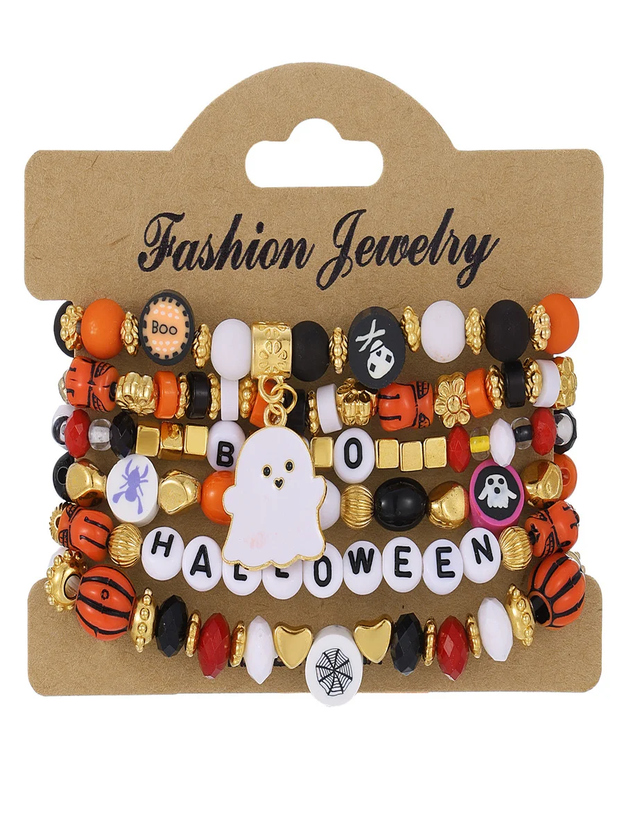 Halloween Series Polymer Clay Orange Pumpkin Skull Bat Fashion Personality Design Bracelet Set