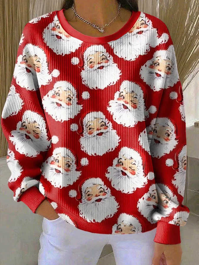 Women Santa Claus Crew Neck Printing Casual Spring/Fall Long Sleeve Sweatshirt