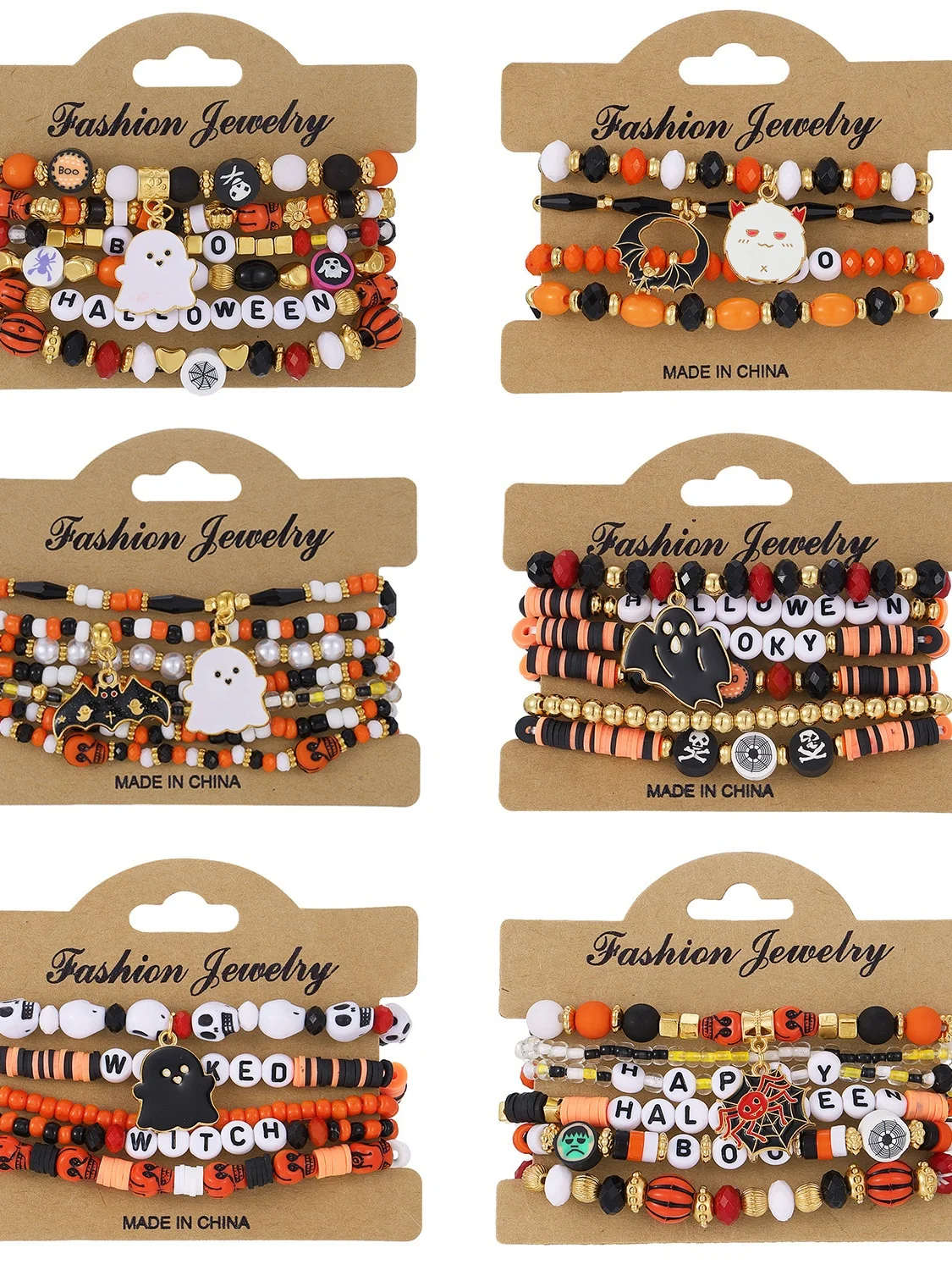 Halloween Series Polymer Clay Orange Pumpkin Skull Bat Fashion Personality Design Bracelet Set