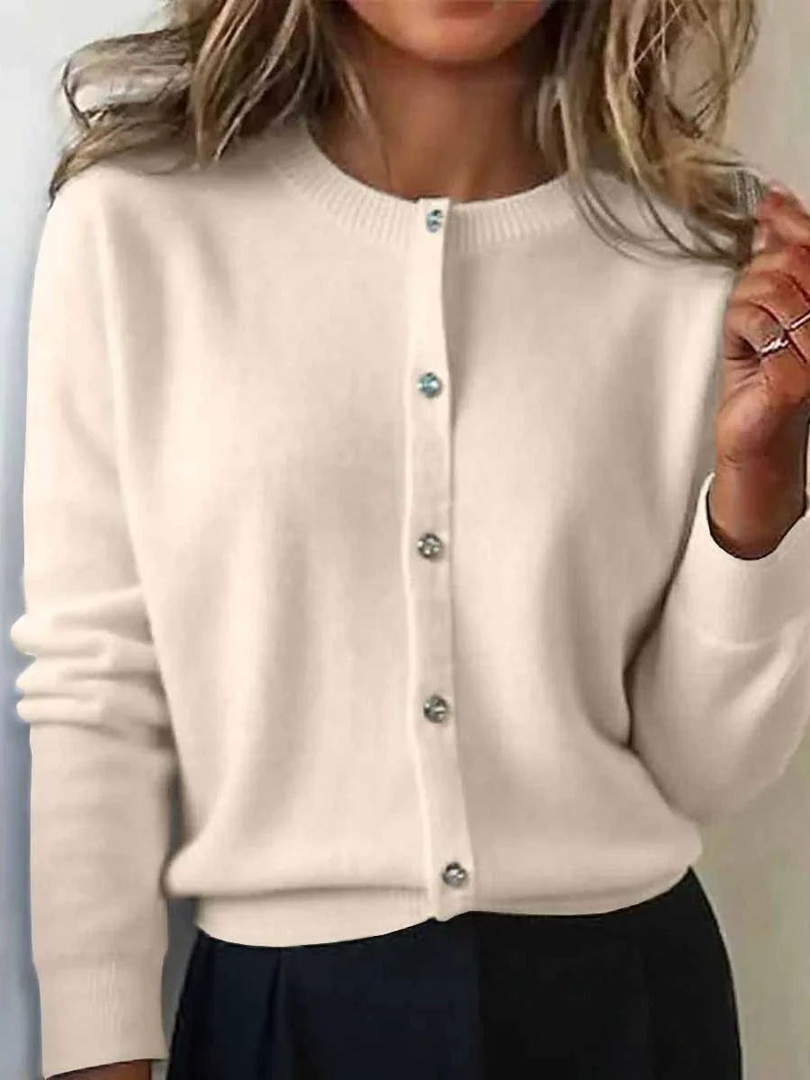 Women Plain Long Sleeve Crew Neck Vintage Winter Cardigan Outerwear