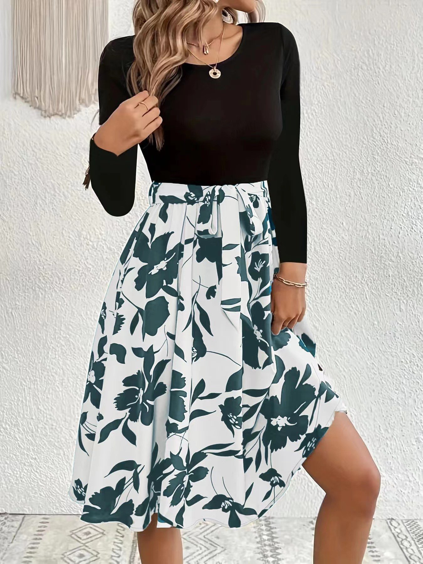 Women Floral Long Sleeve Spring/Fall Printing Dress Crew Neck Daily Vintage Mini Tank A-Line Dress