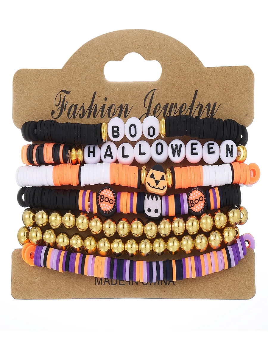 Halloween Series Polymer Clay Orange Pumpkin Skull Bat Fashion Personality Design Bracelet Set