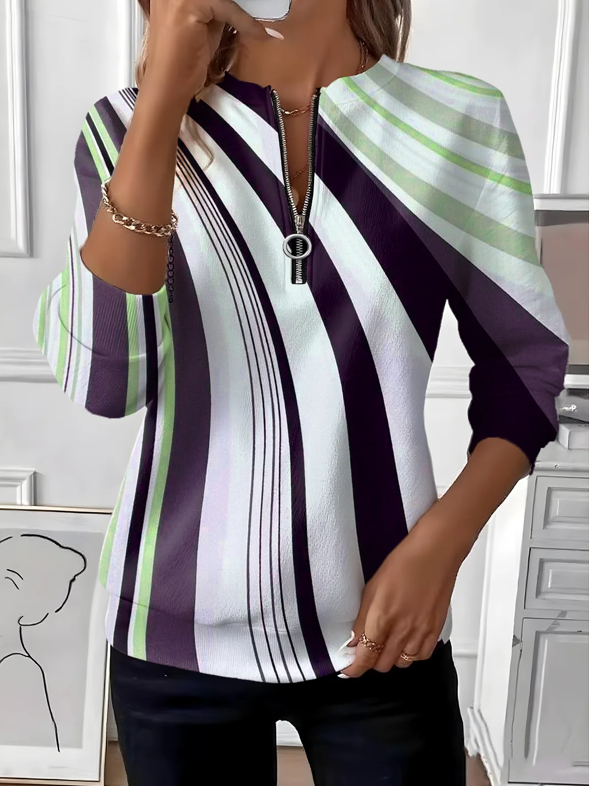 Women Striped Crew Neck Vintage Spring/Fall Long Sleeve Sweatshirt