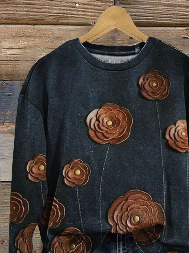 Women Floral Crew Neck Printing Casual Spring/Fall Long Sleeve Sweatshirt