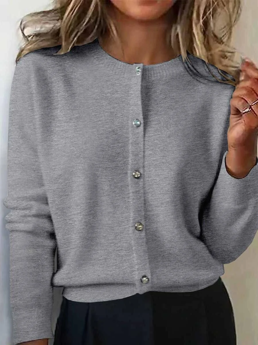 Women Plain Long Sleeve Crew Neck Vintage Winter Cardigan Outerwear