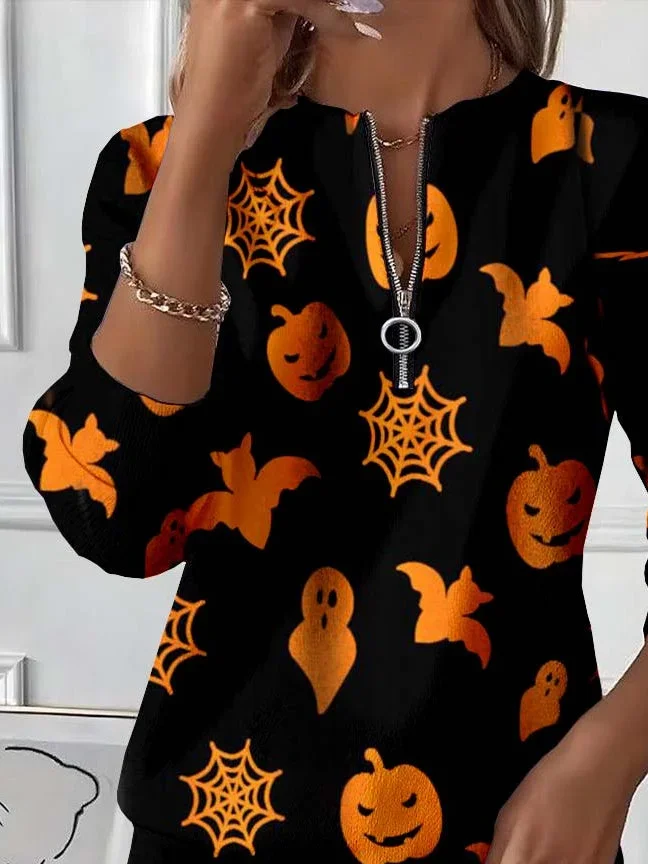 Women Halloween Crew Neck Printing Casual Spring/Fall Long Sleeve Sweatshirt