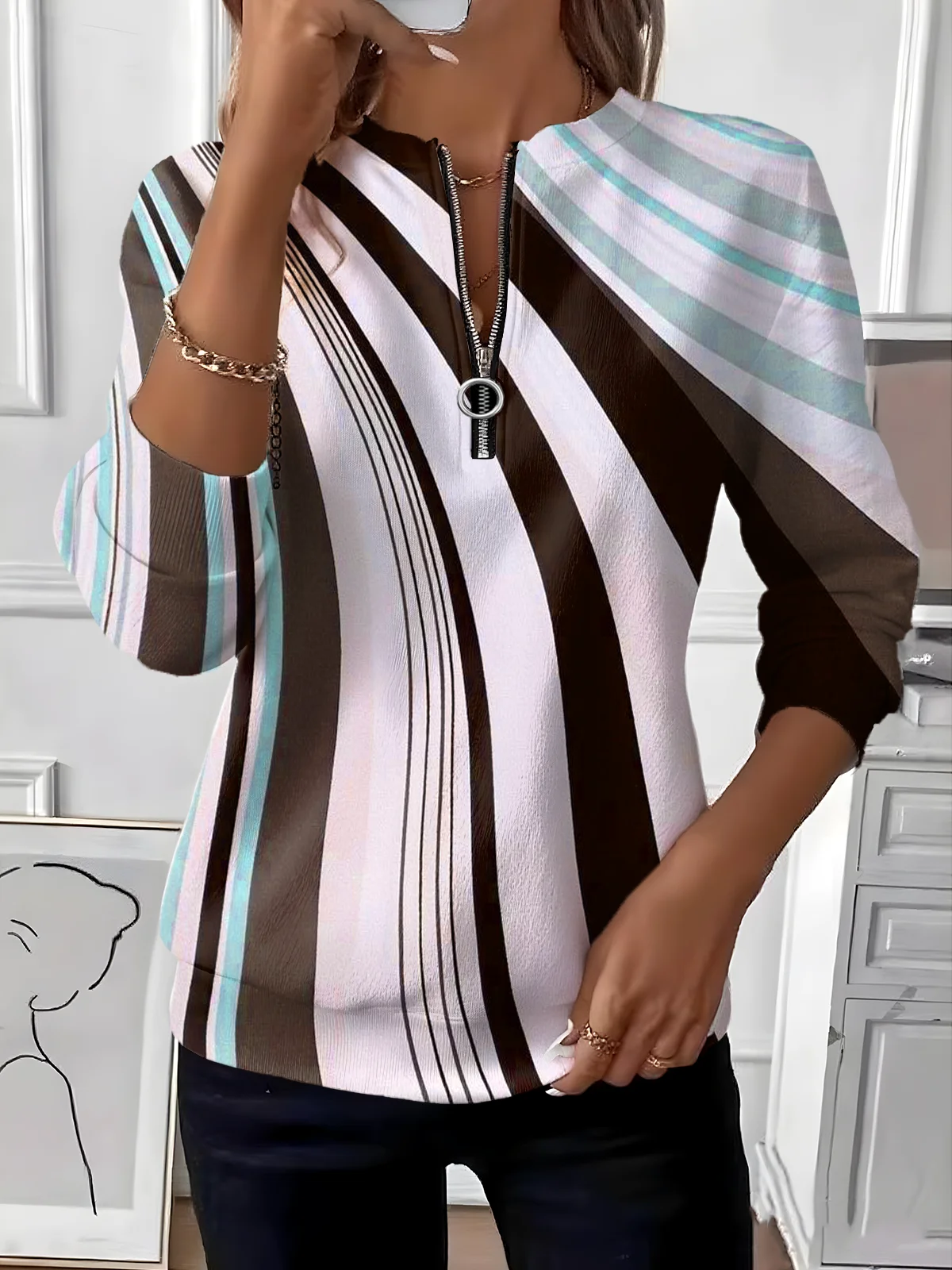 Women Striped Crew Neck Vintage Spring/Fall Long Sleeve Sweatshirt