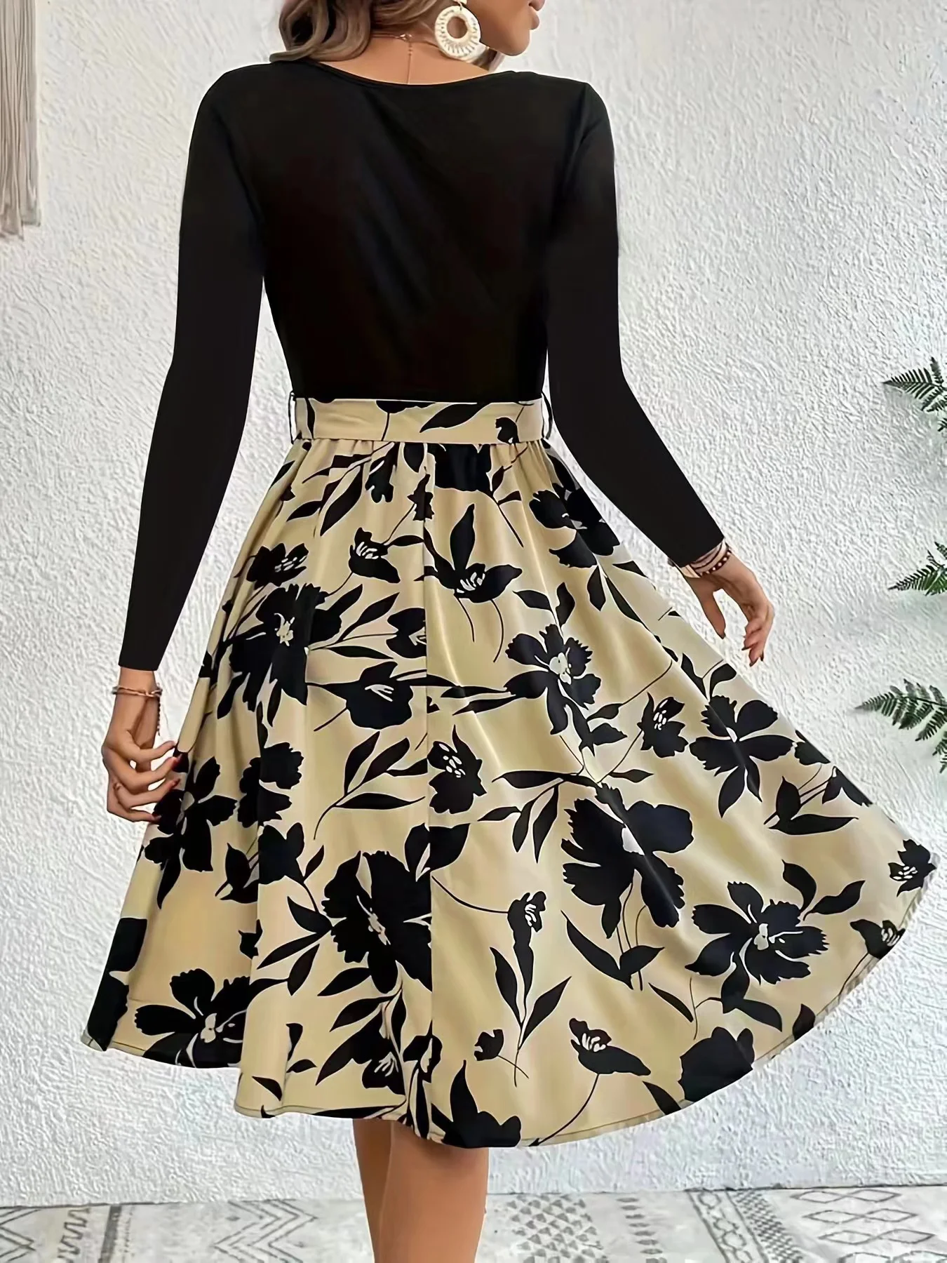 Women Floral Long Sleeve Spring/Fall Printing Dress Crew Neck Daily Vintage Mini Tank A-Line Dress