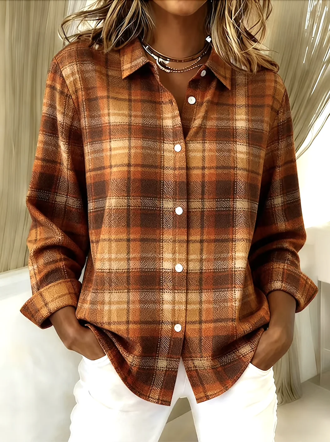 Women Geometric Long Sleeve Shirt Spring/Fall V Neck Daily Casual Top