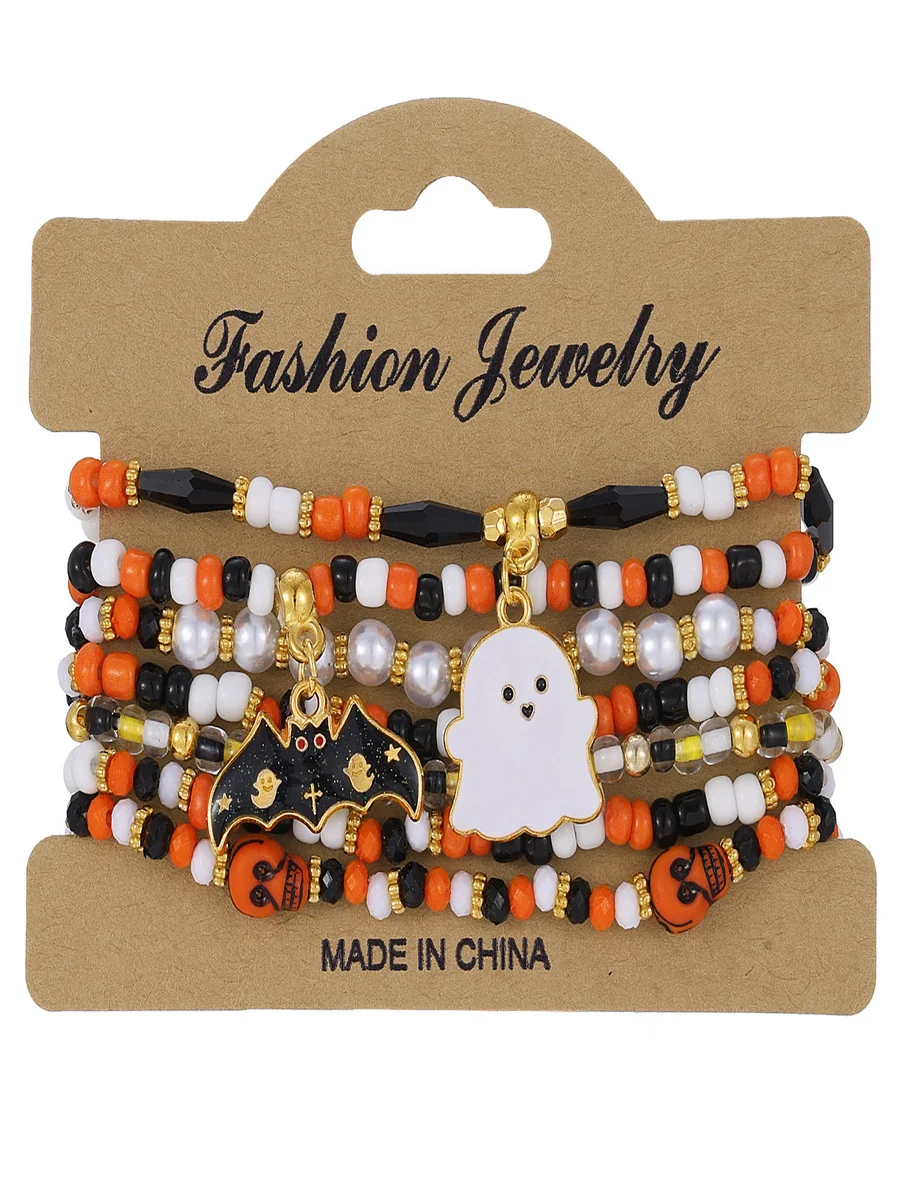 Halloween Series Polymer Clay Orange Pumpkin Skull Bat Fashion Personality Design Bracelet Set