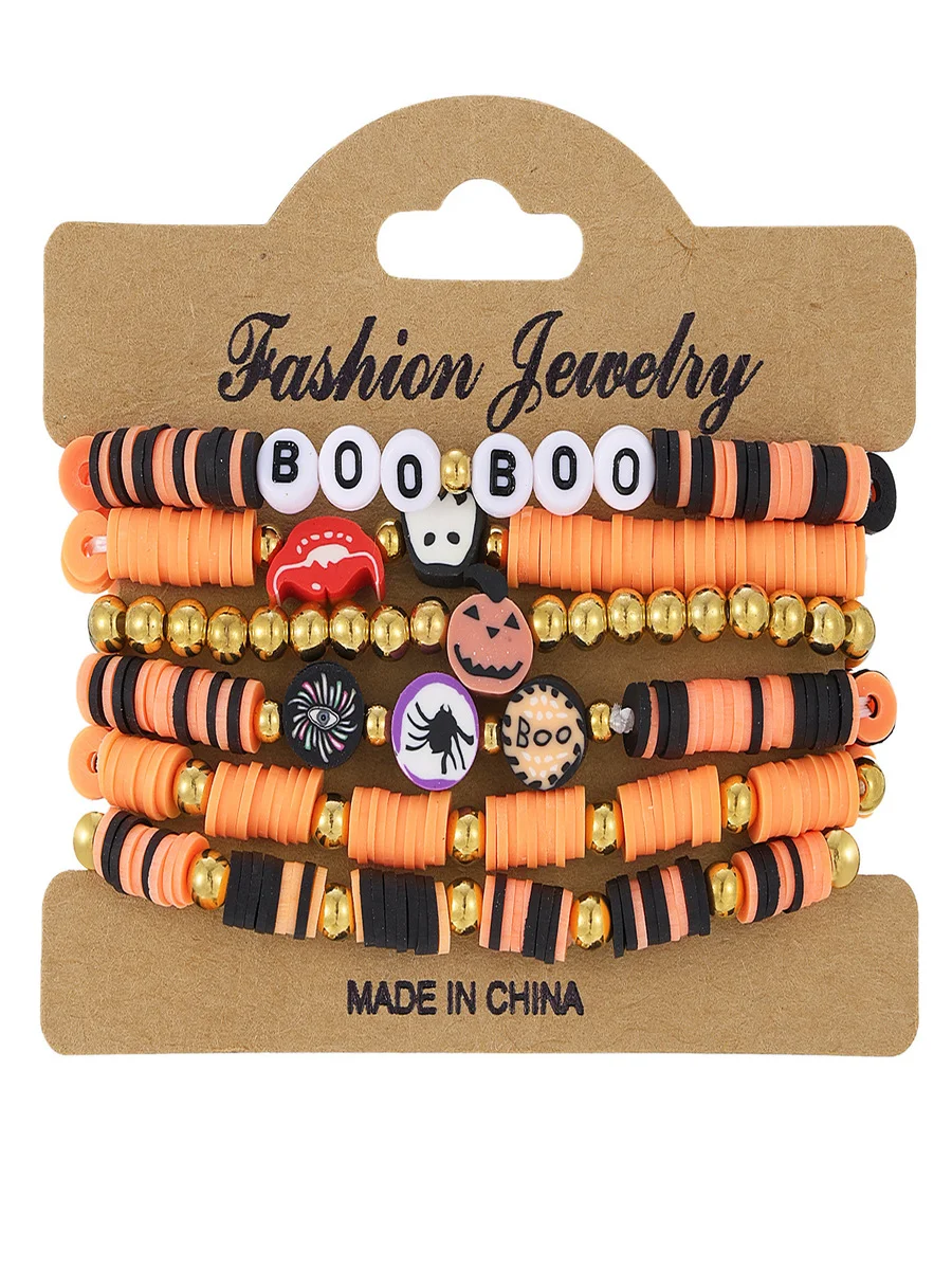 Halloween Series Polymer Clay Orange Pumpkin Skull Bat Fashion Personality Design Bracelet Set