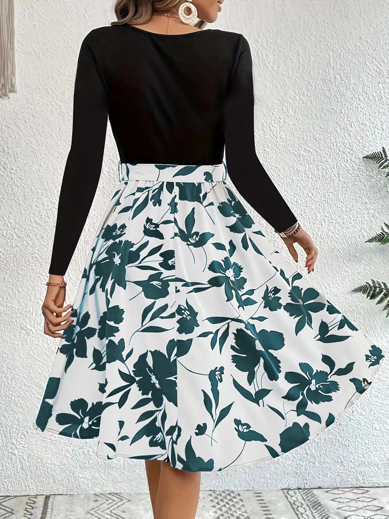 Women Floral Long Sleeve Spring/Fall Printing Dress Crew Neck Daily Vintage Mini Tank A-Line Dress