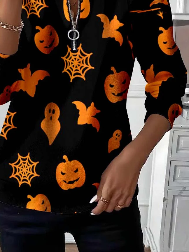 Women Halloween Crew Neck Printing Casual Spring/Fall Long Sleeve Sweatshirt