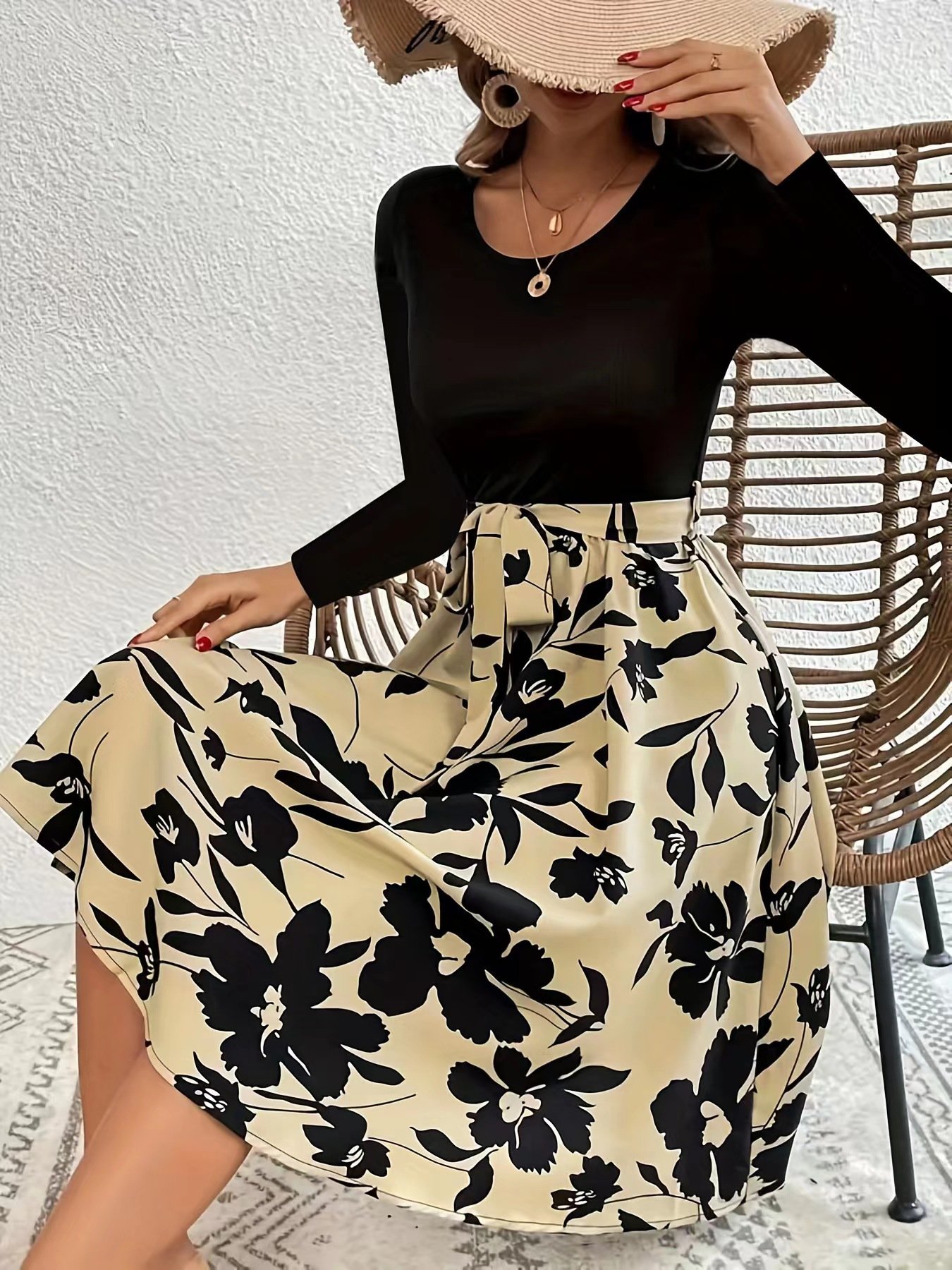 Women Floral Long Sleeve Spring/Fall Printing Dress Crew Neck Daily Vintage Mini Tank A-Line Dress
