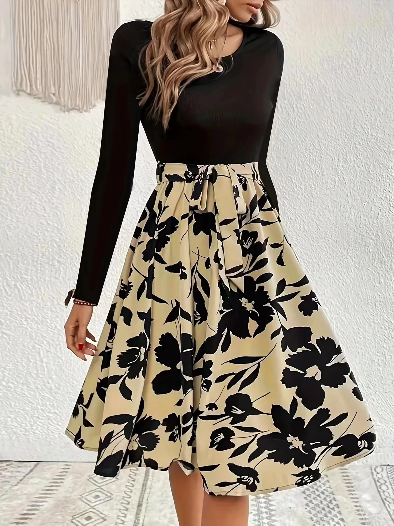 Women Floral Long Sleeve Spring/Fall Printing Dress Crew Neck Daily Vintage Mini Tank A-Line Dress