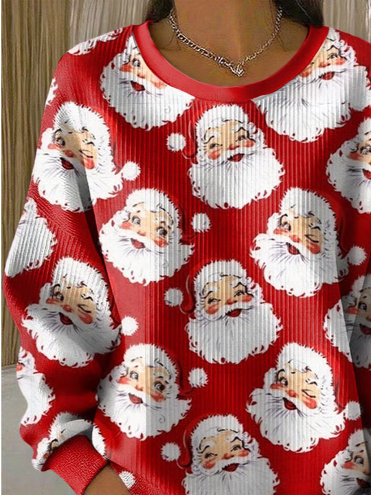 Women Santa Claus Crew Neck Printing Casual Spring/Fall Long Sleeve Sweatshirt