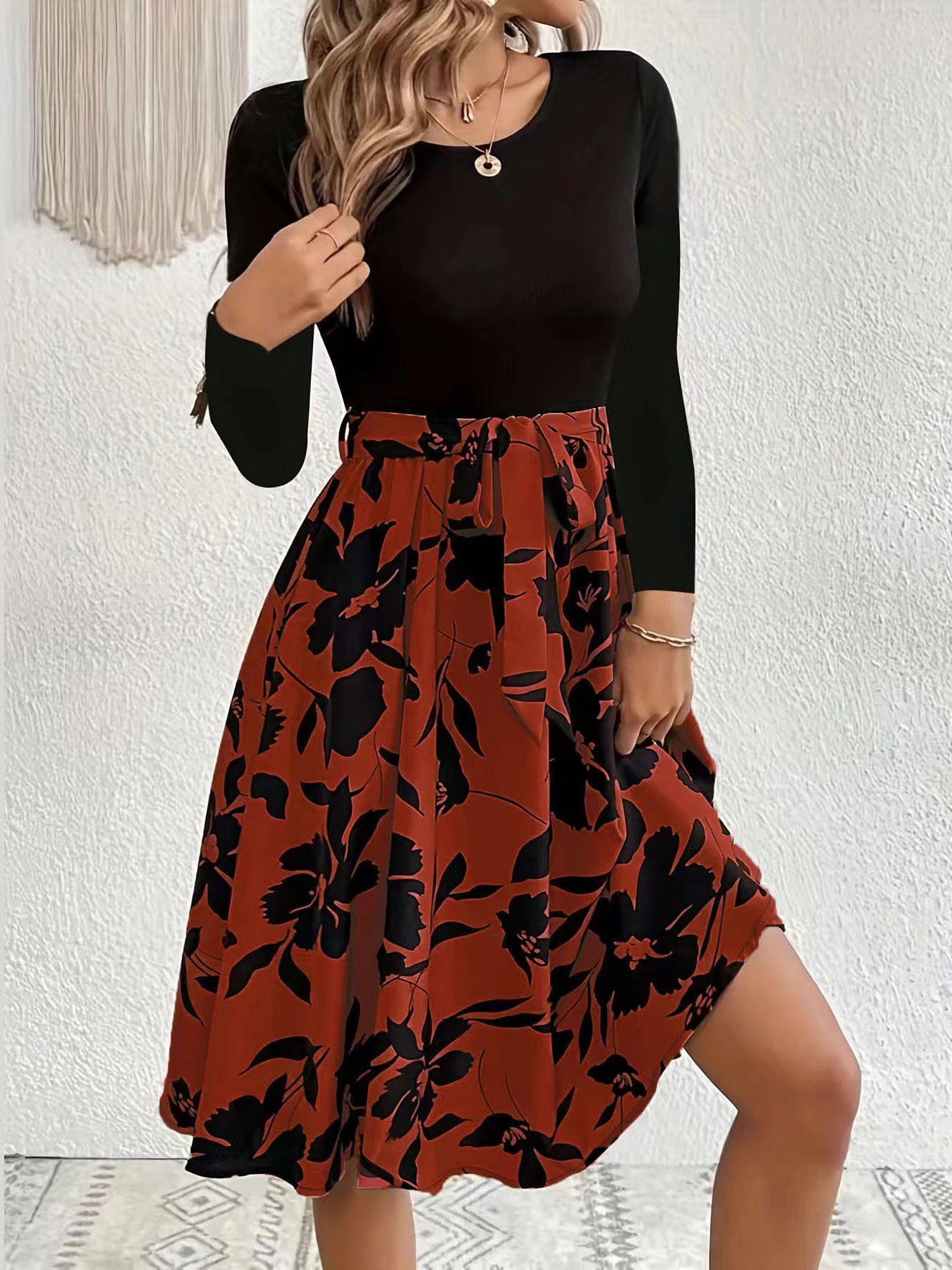 Women Floral Long Sleeve Spring/Fall Printing Dress Crew Neck Daily Vintage Mini Tank A-Line Dress