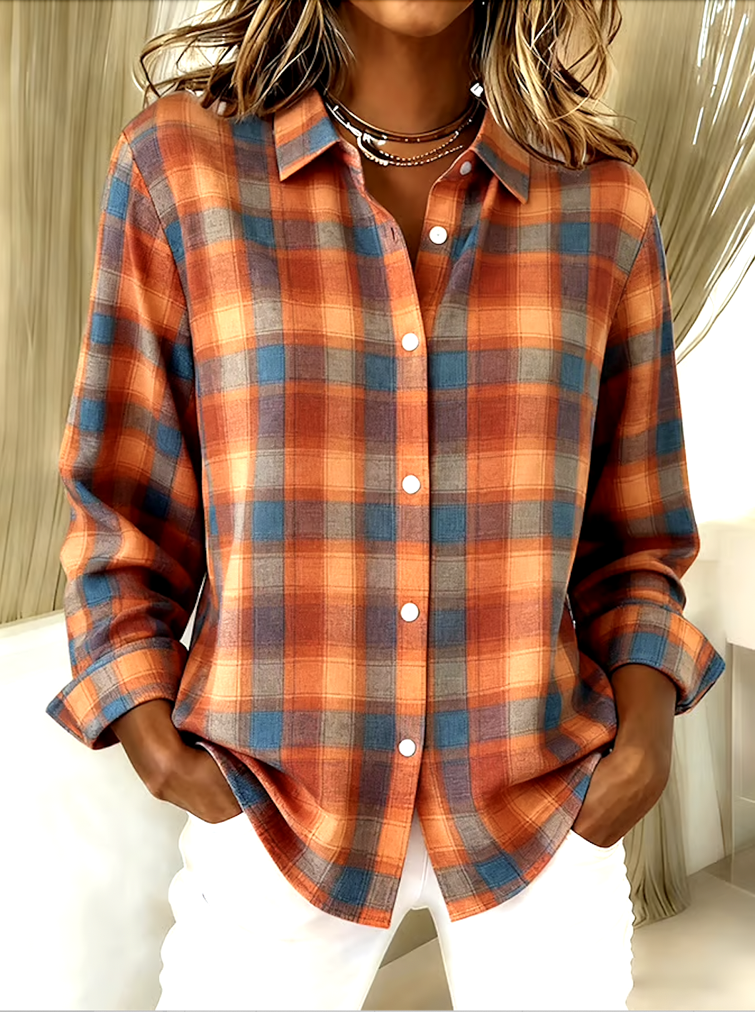 Women Geometric Long Sleeve Shirt Spring/Fall V Neck Daily Casual Top