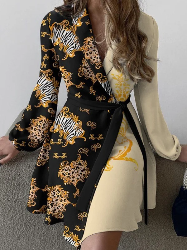 Women Floral Long Sleeve Spring/Fall Printing Dress V Neck Daily Vintage Mini Hip Skirt A-Line Dress