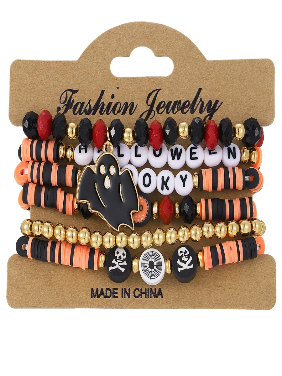 Halloween Series Polymer Clay Orange Pumpkin Skull Bat Fashion Personality Design Bracelet Set