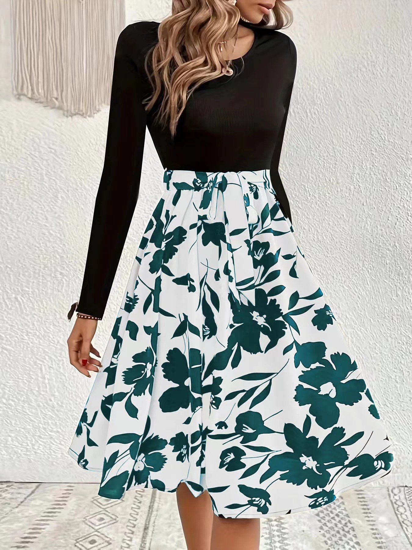 Women Floral Long Sleeve Spring/Fall Printing Dress Crew Neck Daily Vintage Mini Tank A-Line Dress