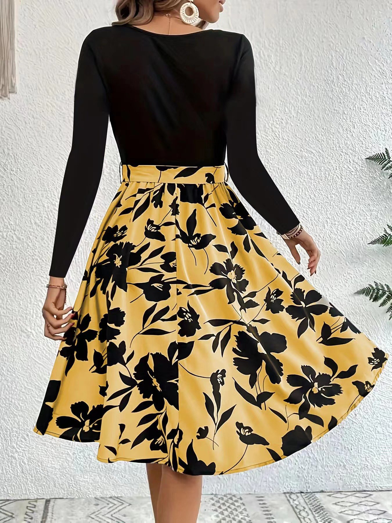 Women Floral Long Sleeve Spring/Fall Printing Dress Crew Neck Daily Vintage Mini Tank A-Line Dress