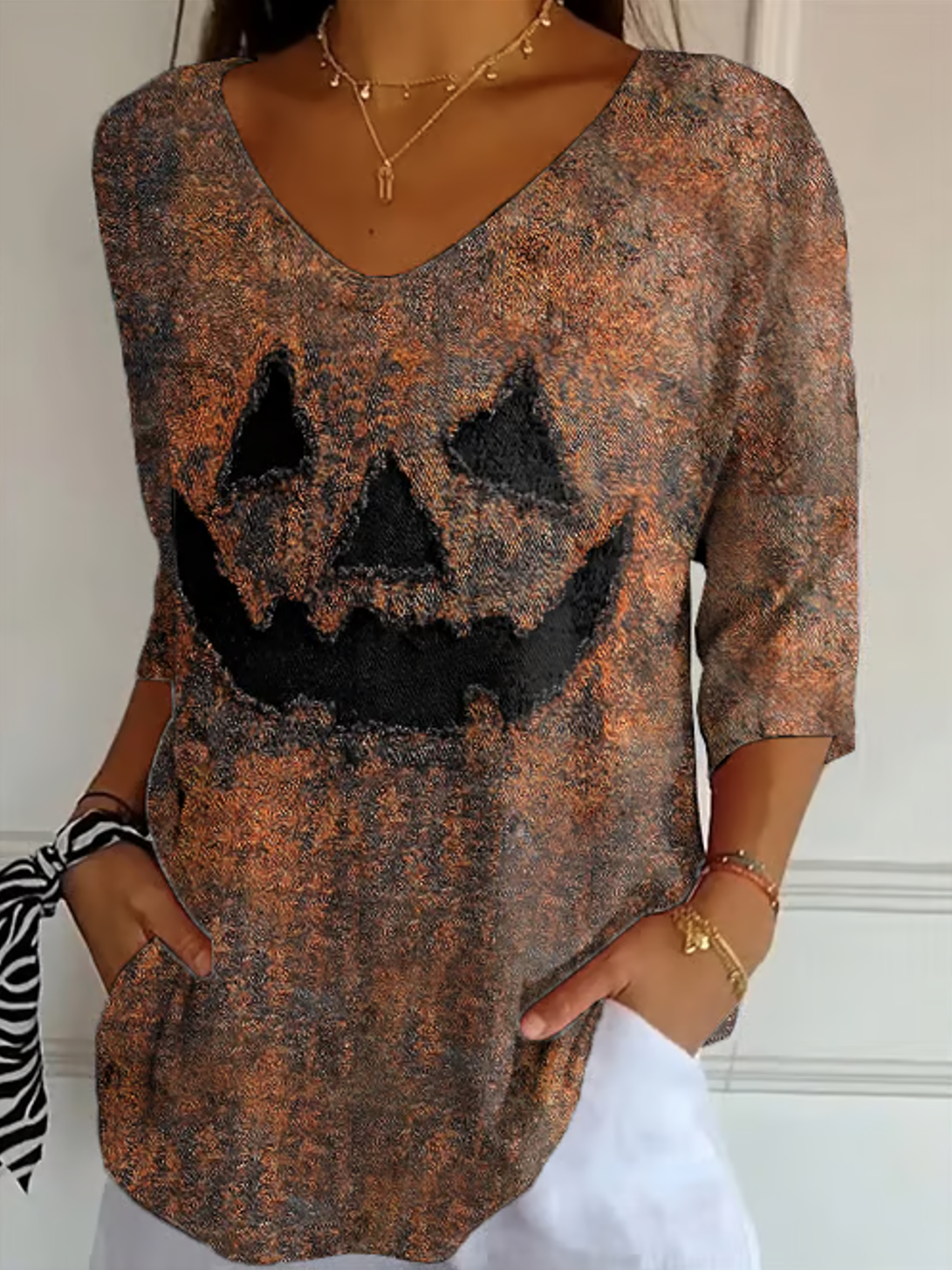 Women Halloween Three Quarter Sleeve Tee T-shirt V Neck Vintage Spring/Fall Top