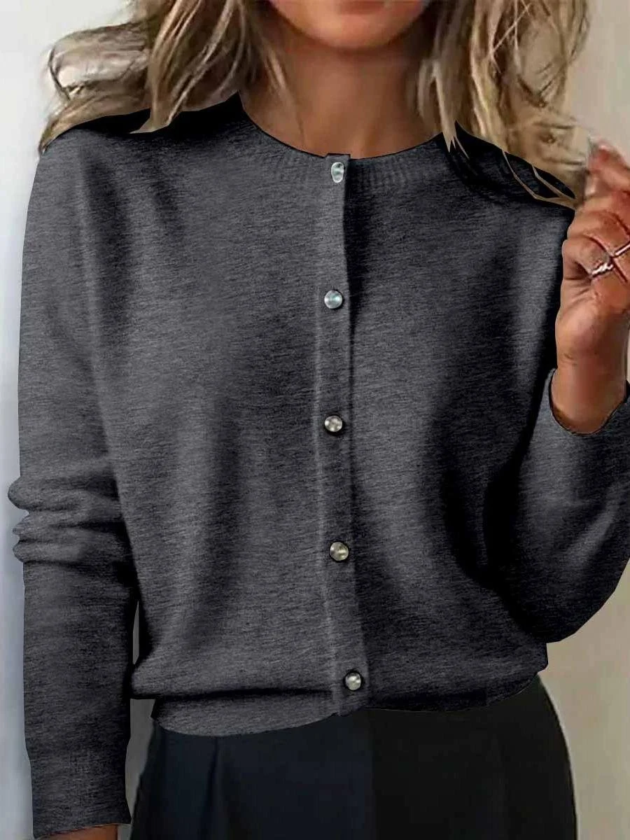 Women Plain Long Sleeve Crew Neck Vintage Winter Cardigan Outerwear