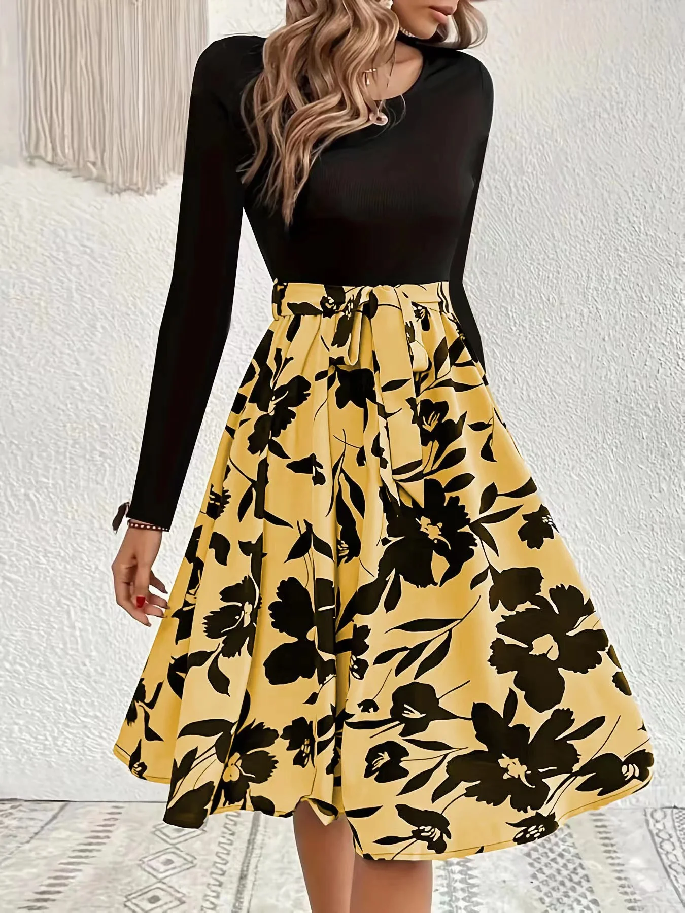 Women Floral Long Sleeve Spring/Fall Printing Dress Crew Neck Daily Vintage Mini Tank A-Line Dress
