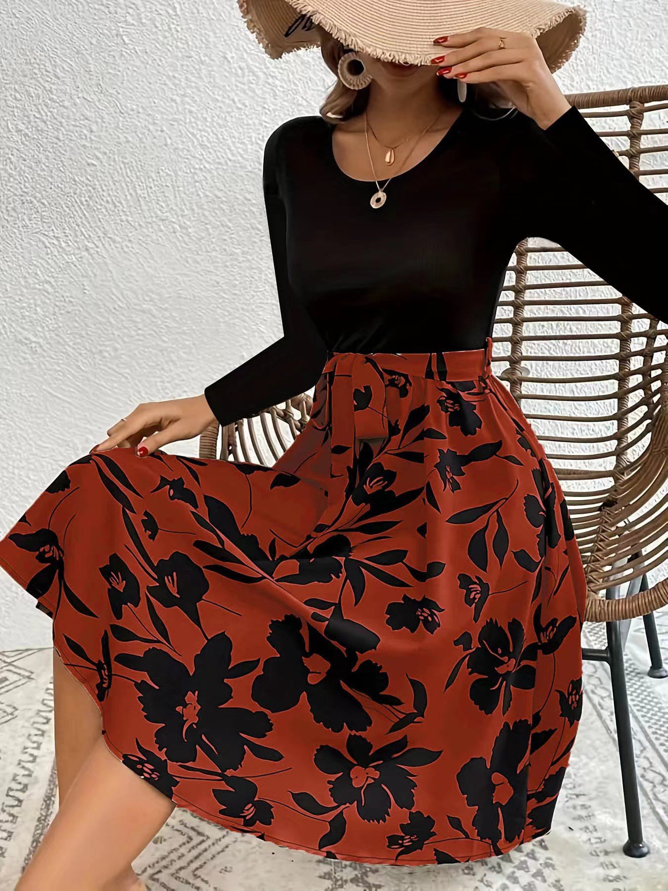 Women Floral Long Sleeve Spring/Fall Printing Dress Crew Neck Daily Vintage Mini Tank A-Line Dress