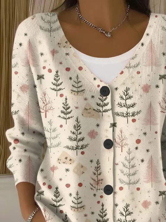 Women Christmas Long Sleeve V Neck Casual Spring/Fall Cardigan Outerwear