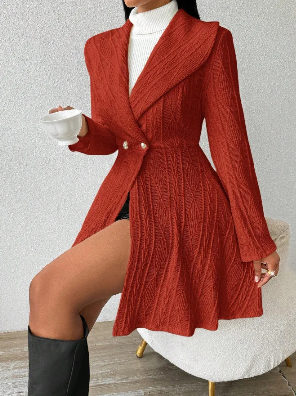 Women Autumn Outerwear Casual Jacquard Plain Long Sleeve Lapel Collar Jacket