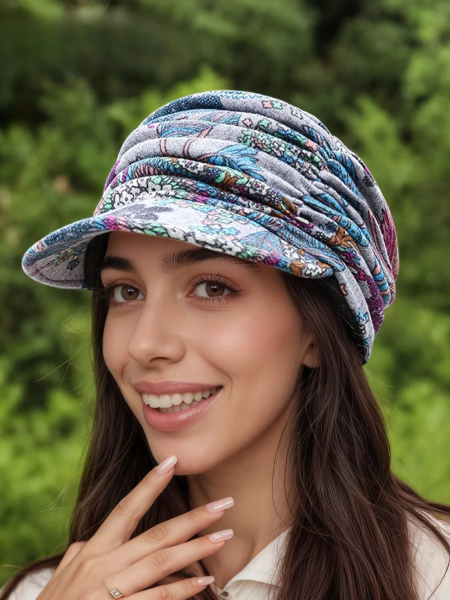 Plush New Ethnic Style Floral Hat Women's Korean Style Soft Brim Cap Spring Autumn Winter Cloth Hat Baseball Cap