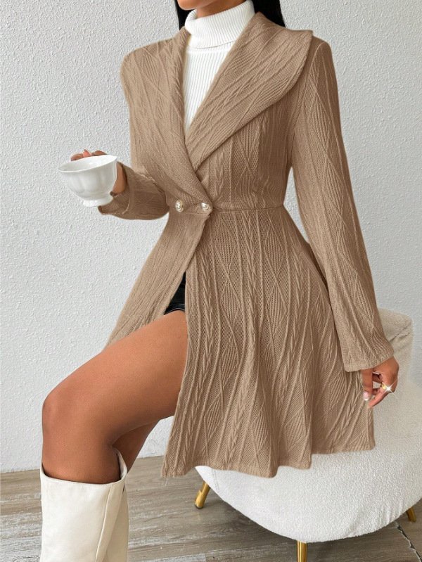 Women Autumn Outerwear Casual Jacquard Plain Long Sleeve Lapel Collar Jacket