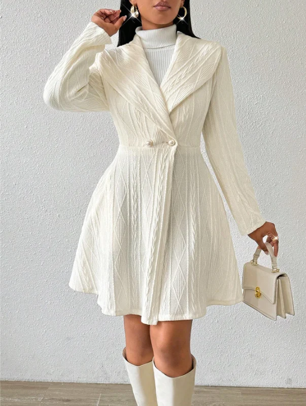 Women Autumn Outerwear Casual Jacquard Plain Long Sleeve Lapel Collar Jacket